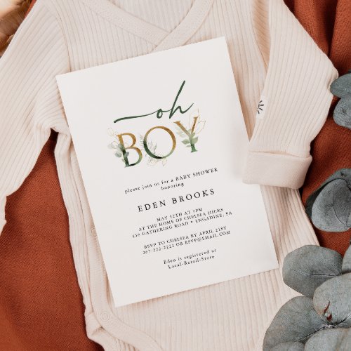 Greenery and Gold Oh Boy Baby Shower Invitation