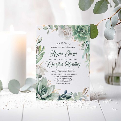 Greenery and Gold  Rustic Garden Engagement Party Invitation