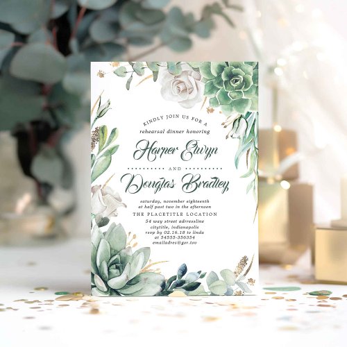 Greenery and Gold  Rustic Garden Rehearsal Dinner Invitation