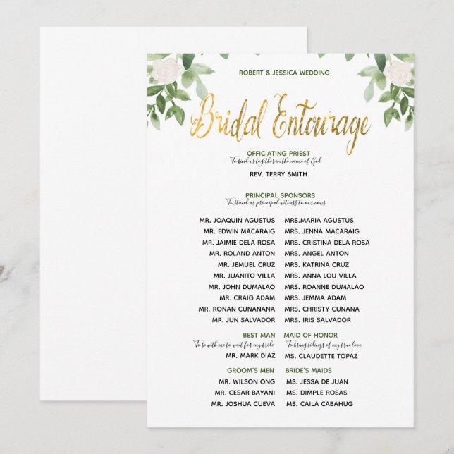 Greenery and Gold Simple Wedding Entourage Invitation (Front/Back)