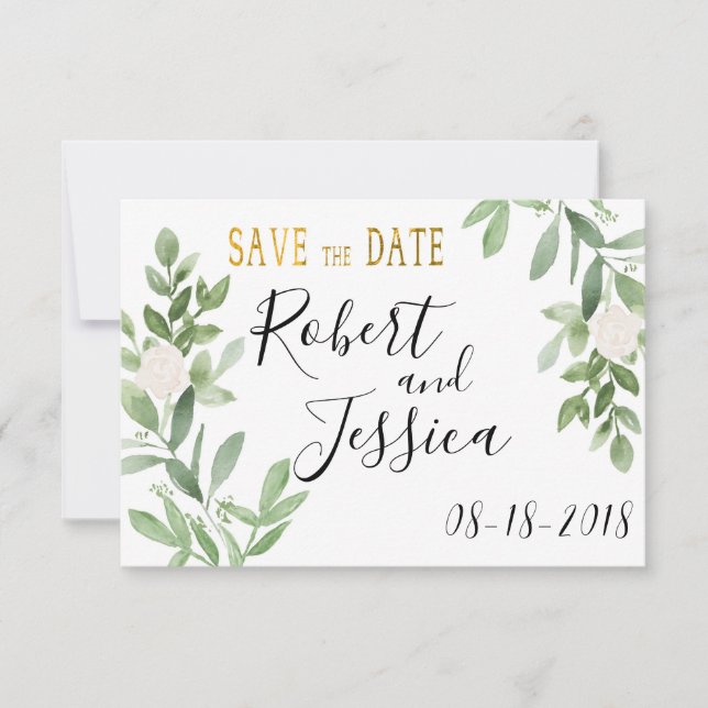 Greenery and Gold Simple Wedding Save the Date (Front)