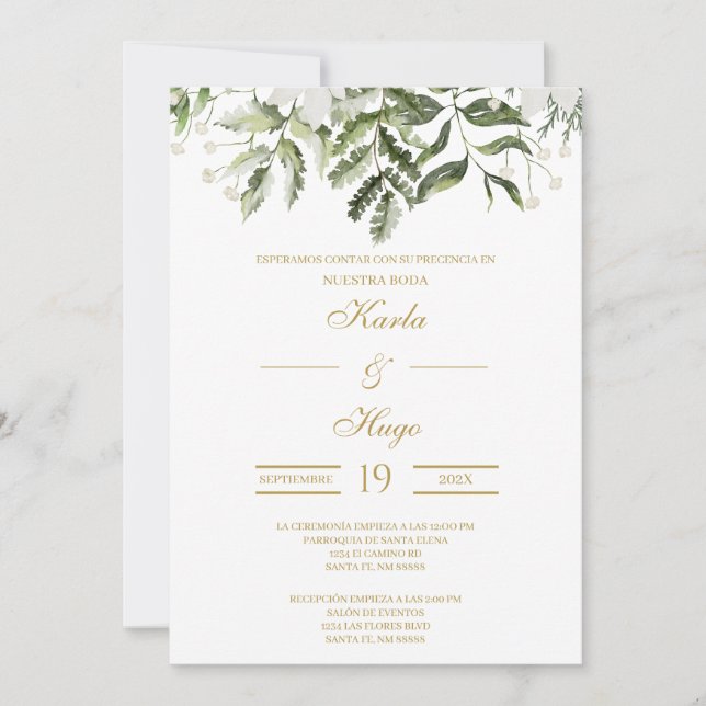 Greenery and Gold Spanish Wedding Invitation (Front)