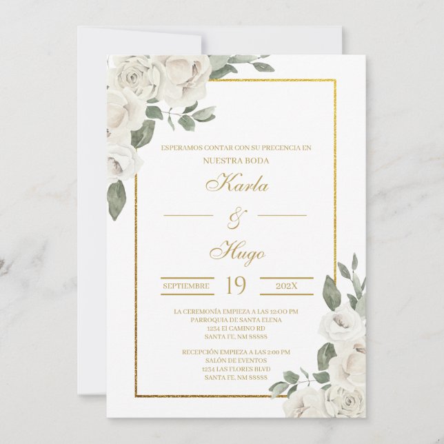 Greenery and Gold Spanish Wedding Invitation (Front)