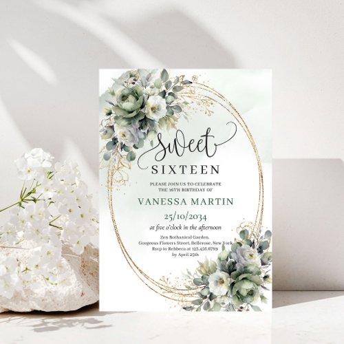 Greenery And Gold Sweet Sixteen Dusty Green Invite