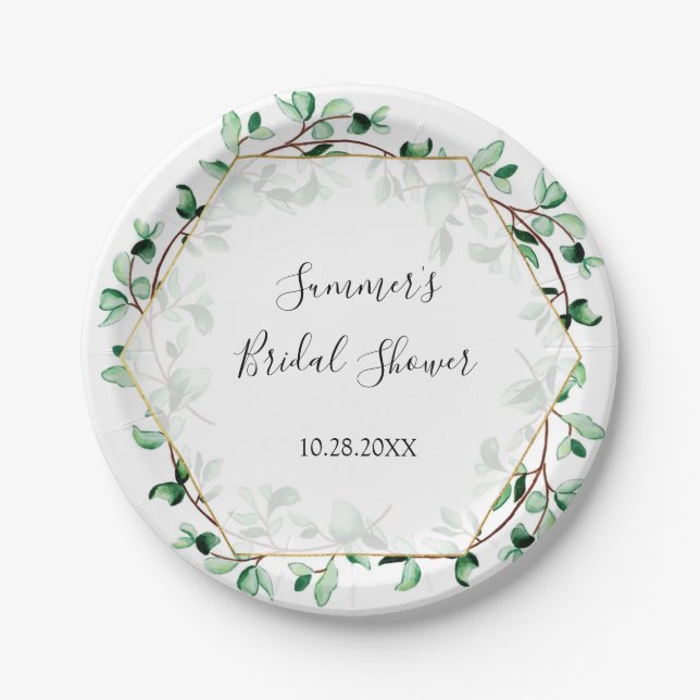 Greenery and Gold Textures Bridal Shower | Wedding Paper Plates (Front)