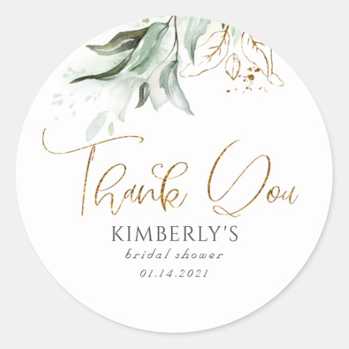 Greenery and Gold Thank You Classic Round Sticker