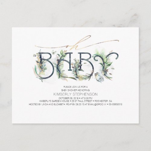 Greenery and Gold Typography Modern Baby Shower Invitation Postcard