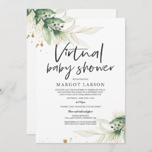 Greenery And Gold Virtual Baby Shower Invitation