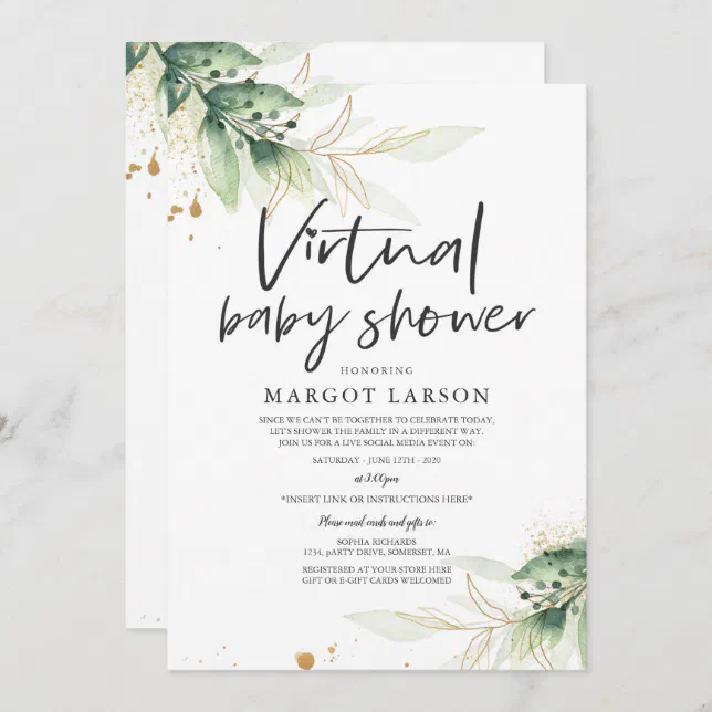 Greenery And Gold Virtual Baby Shower Invitation | Zazzle