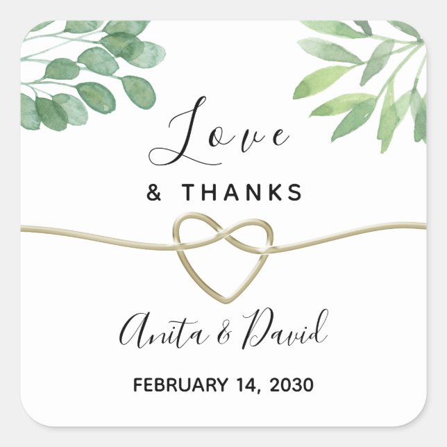 Greenery and Gold Wedding Favor Square Sticker (Front)