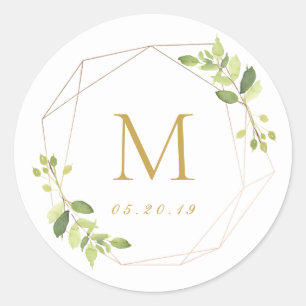 Greenery and Gold Wedding Initial Classic Round Sticker