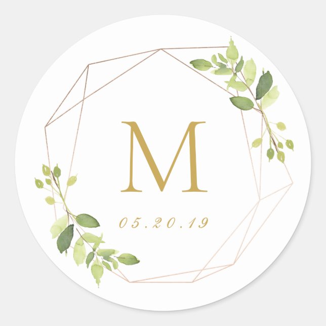 Greenery and Gold Wedding Initial Classic Round Sticker (Front)