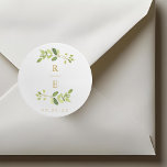 Greenery and Gold Wedding Initial Classic Round Sticker<br><div class="desc">Custom-designed wedding stickers featuring elegant greenery wreath monogram design.</div>