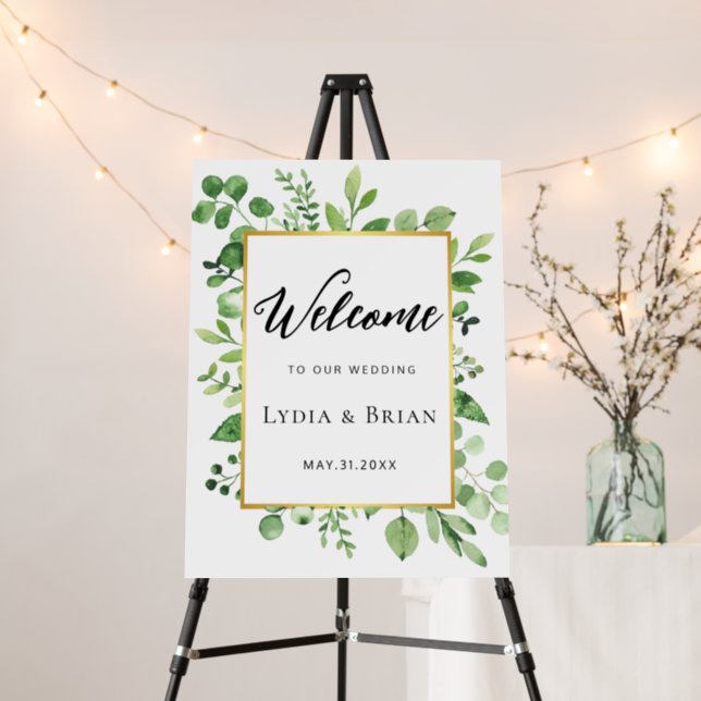 Greenery and Gold Wedding Welcome Sign (In Situ (Stand))
