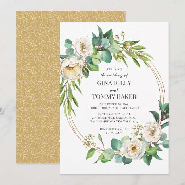 Greenery and Gold White floral Wedding invitation (Front/Back)