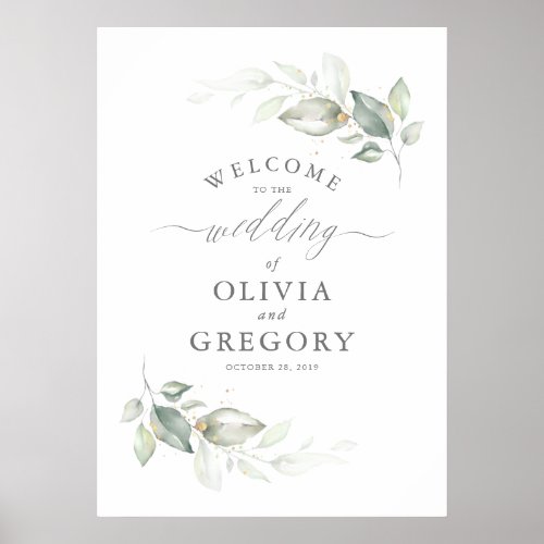 Greenery and Gold Wreath Elegant Wedding Welcome Poster