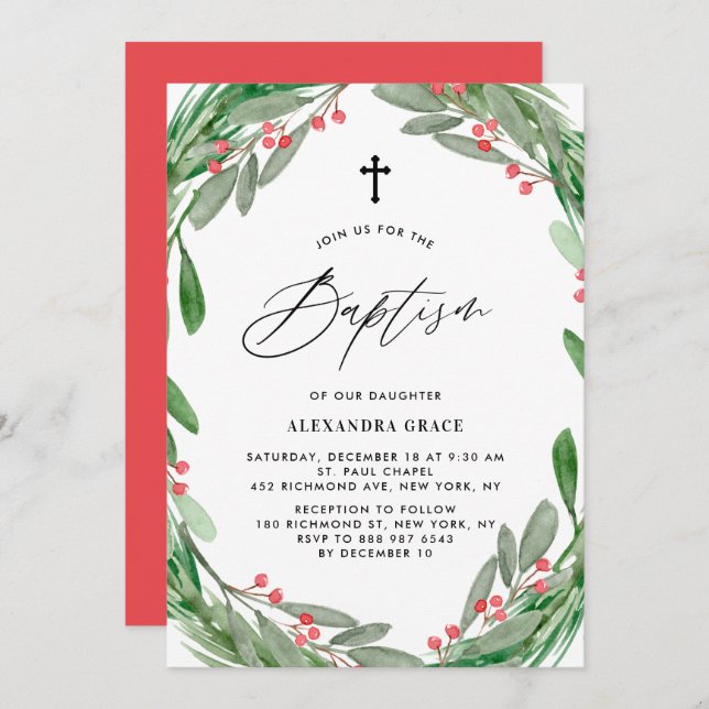 Greenery and Holly Wreath Winter Baptism Invitation (Front/Back)