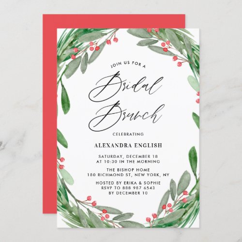 Greenery and Holly Wreath Winter Bridal Brunch Invitation