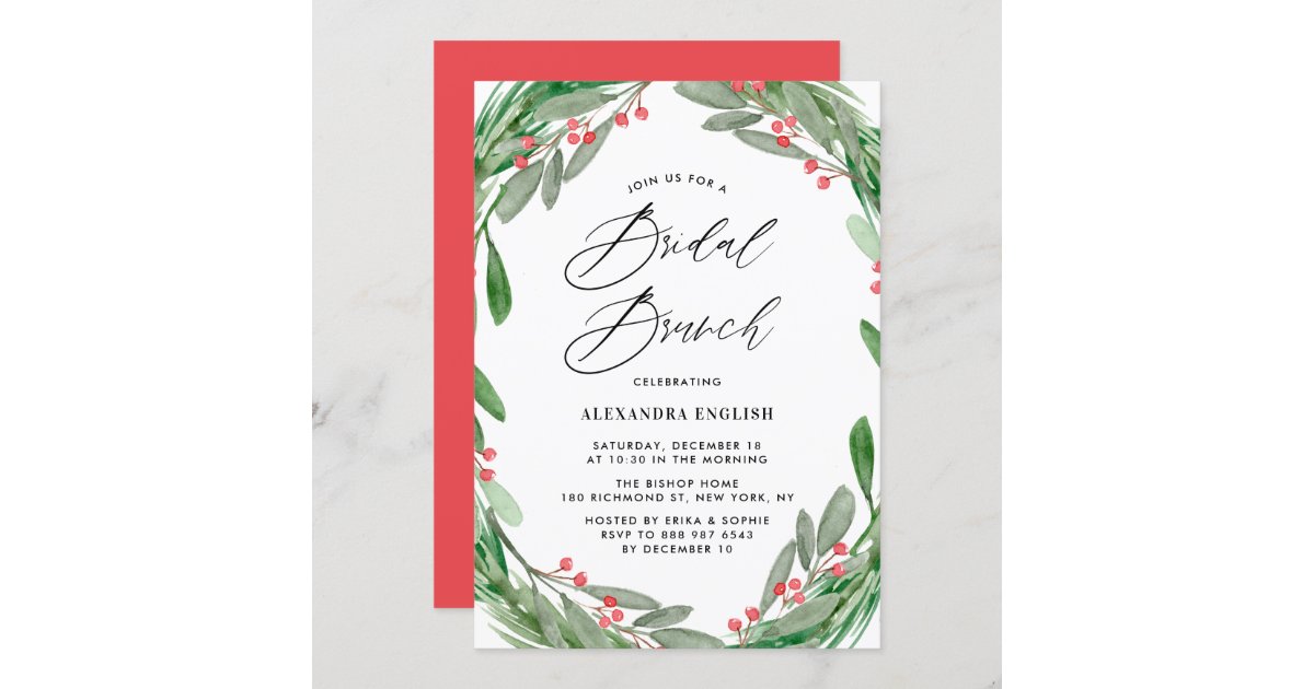 Greenery and Holly Wreath Winter Bridal Brunch Invitation | Zazzle