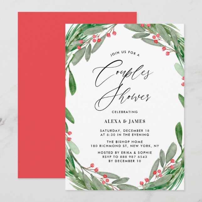 Greenery and Holly Wreath Winter Couples Shower Invitation (Front/Back)