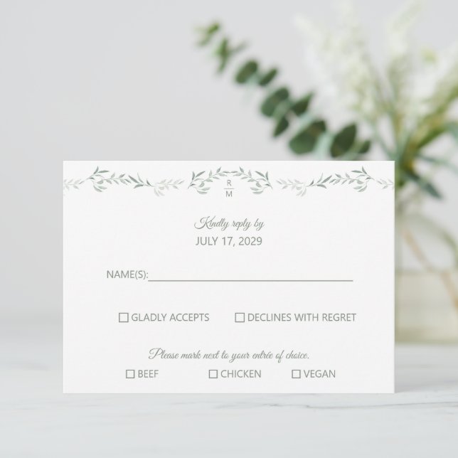 Greenery and Monogram RSVP Response Card (Standing Front)
