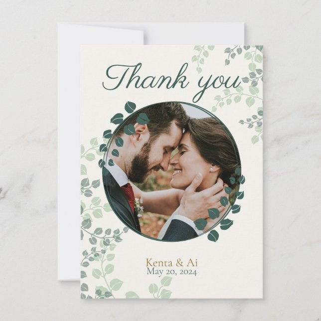 Greenery and Monogram Wedding Flat Thank You Card  (Front)