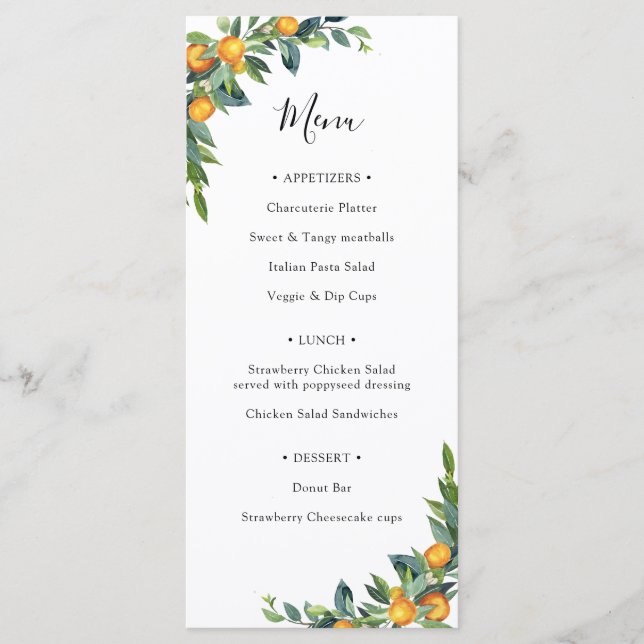 Greenery and Orange Branches Bridal Shower Menu (Front)