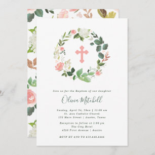 Greenery and Pink Floral Watercolor Baptism Invitation