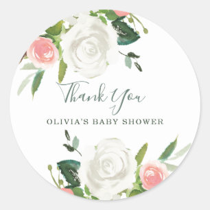 Greenery and Pink Floral Watercolor   Thank You Classic Round Sticker