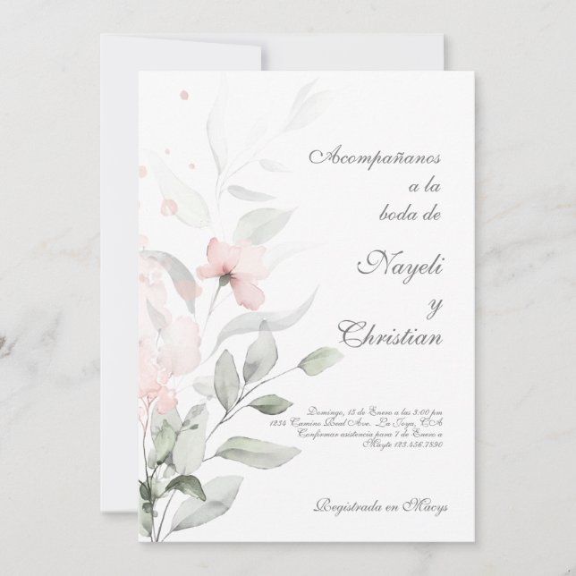Greenery and pink flower wedding invitation (Front)