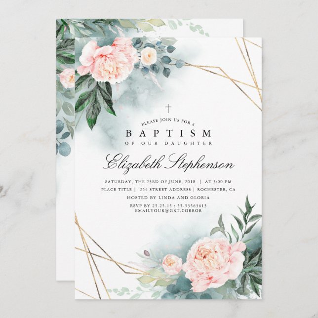 Greenery and Pink Flowers Elegant Modern Baptism Invitation (Front/Back)
