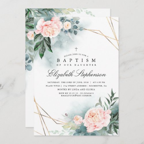 Greenery and Pink Flowers Elegant Modern Baptism Invitation