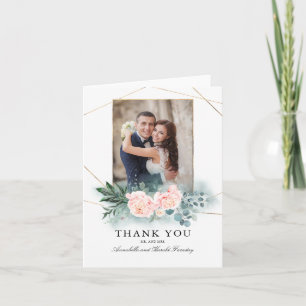 Greenery and Pink Flowers Wedding Thank You Photo Card