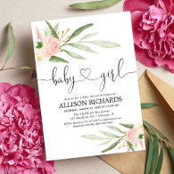 Greenery and pink gold floral girl baby shower invitation