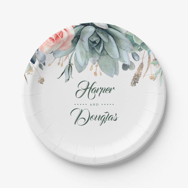 Greenery and Pink Rose Garden Wedding Paper Plates (Front)