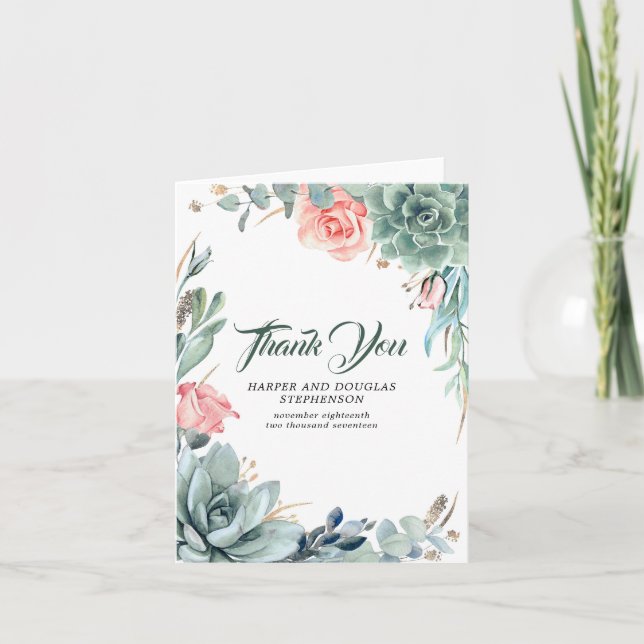Greenery and Pink Rose Wedding Thank You (Front)