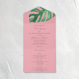 Greenery and Pink Tropical Monstera Bachelorette All In One Invitation