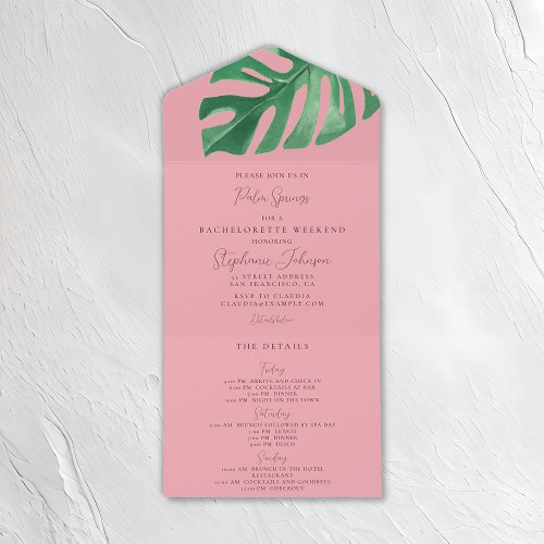Greenery and Pink Tropical Monstera Bachelorette  All In One Invitation