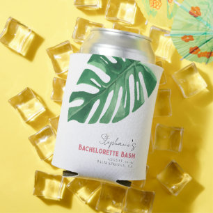 Greenery and Pink Tropical Monstera Bachelorette Can Cooler