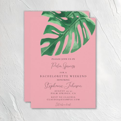 Greenery and Pink Tropical Monstera Bachelorette  Invitation