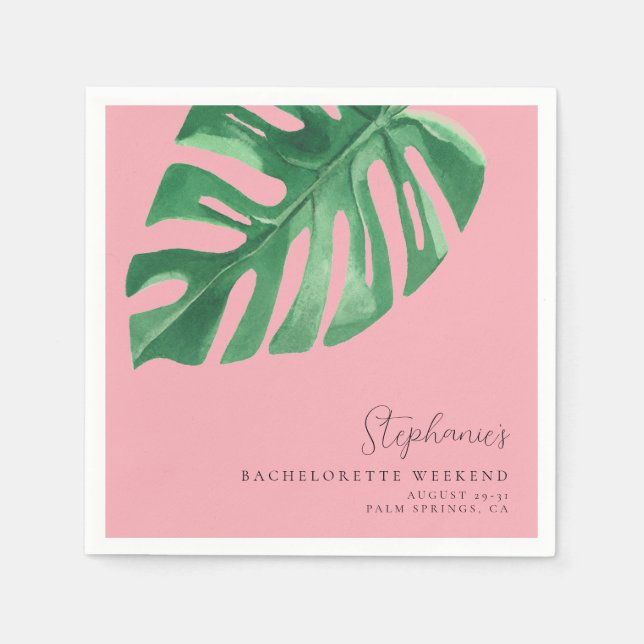 Greenery and Pink Tropical Monstera Bachelorette  Napkins (Front)