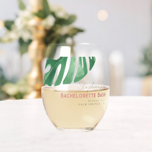 Greenery and Pink Tropical Monstera Bachelorette  Stemless Wine Glass