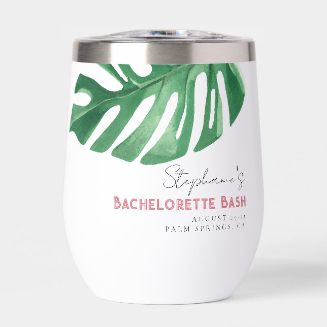 Greenery and Pink Tropical Monstera Bachelorette  Thermal Wine Tumbler (Front)