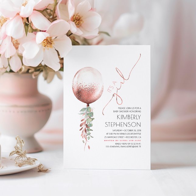 Greenery and Rose Gold Glitter Balloon Baby Shower Invitation