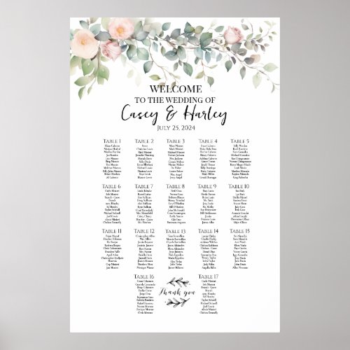 Greenery and roses wedding seating chart 17 tables