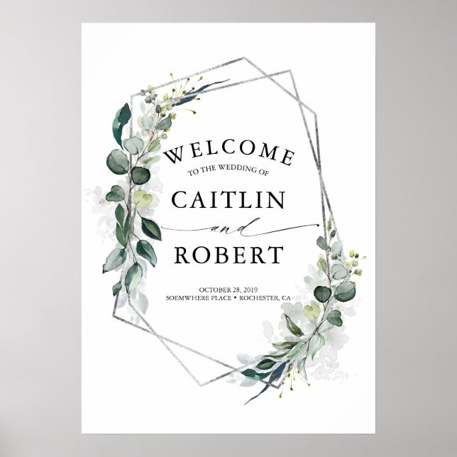 Greenery and Silver Geometric Frame Wedding Poster (Front)