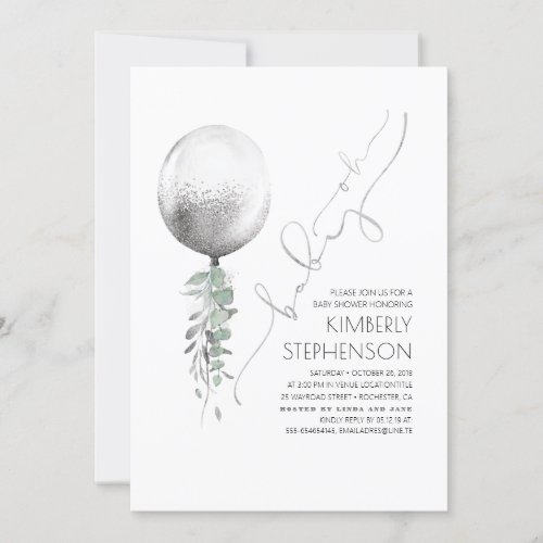 Greenery and Silver Glitter Balloon Oh Baby Shower Invitation
