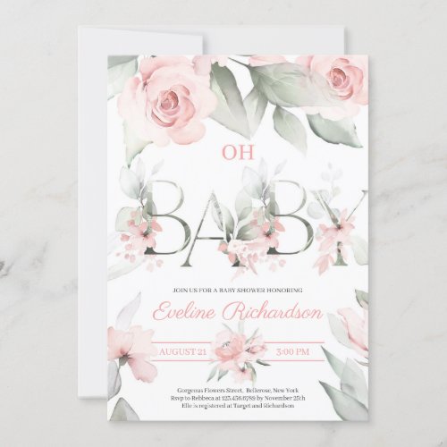 Greenery and soft pink floral letters girl baby invitation