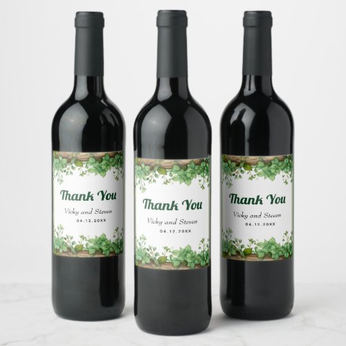 Greenery and stripes rustic Thank you wedding Wine Label