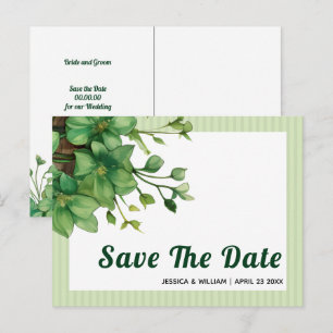 Greenery and stripes spring wedding Save the Date Postcard